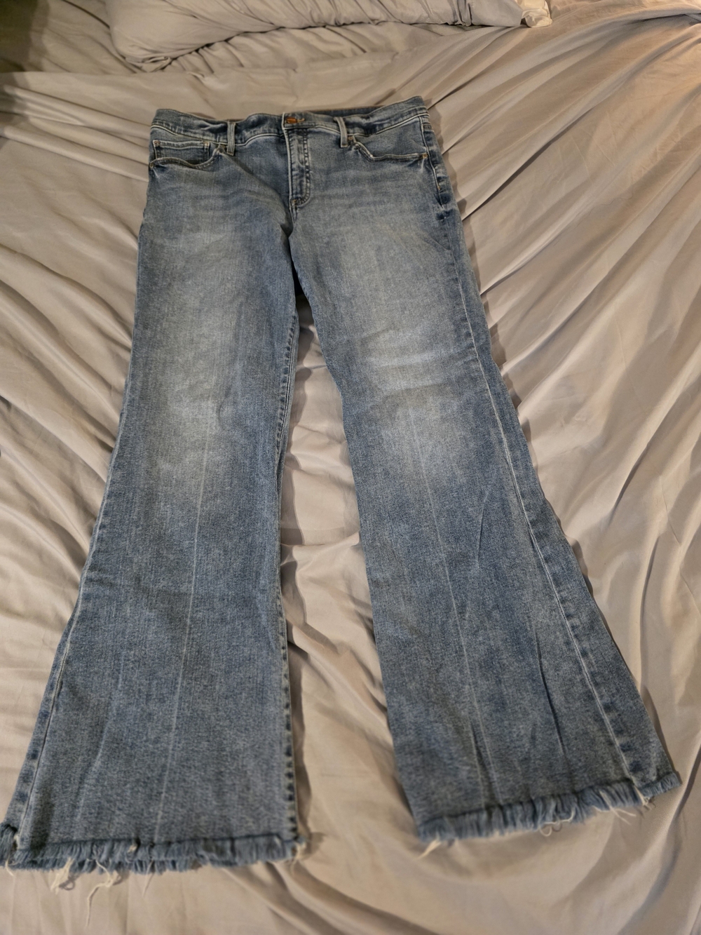 Express Light Blue 70s Flare Jeans with Frayed Hem